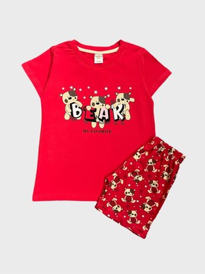 Kız Çocuk %100 Pamuklu Bear Ayıcık Desenli Kırmızı Kısa Kollu Şortlu Yazlık Pijama Takımı