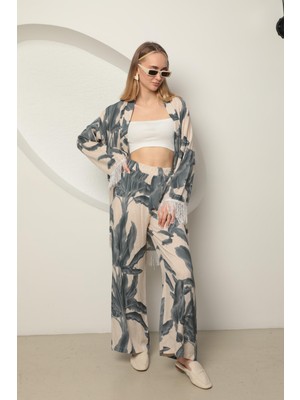 Chicn Happy Viskon Kumaş Empirme Kadın Kimono Takım Gri