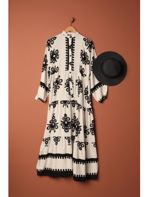 Viskon Kumaş Etnik Desen Kadın Gömlek Elbise Krem
