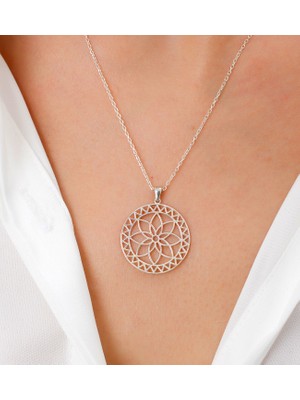 925 Ayar Gümüş Lotus Çiçeği Madalyon Kadın Kolye