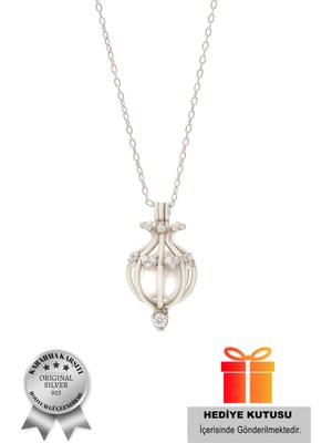 925 Ayar Gümüş Zirkon Taşlı Incili Kafes Gümüş Kadın Kolye