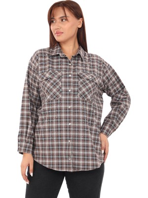 Lady Majestic Taşlı Ekose Cepli Büyük Beden Gömlek