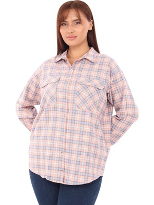 Lady Majestic Taşlı Ekose Cepli Büyük Beden Gömlek