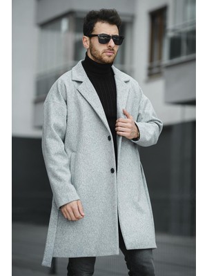 Oksit Kemerli Oversize Kesim Erkek Palto Uzun Kol Düz Desen Kaşe Kaban