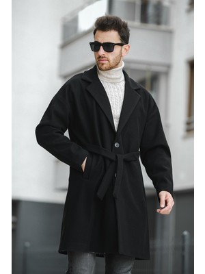 Oksit Layun Erkek Oversize Kesim Kaşe Kaban Palto Uzun Kol Siyah Renkli Düz Desenli