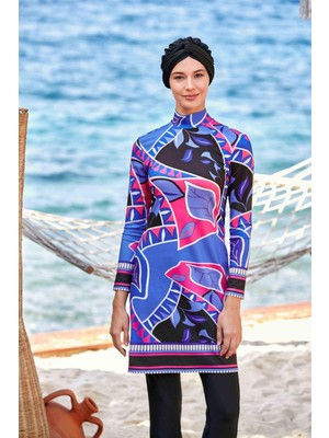 Adasea 4504 Siyah Yaprak Desenli Tam Kapalı Tesettür Mayo