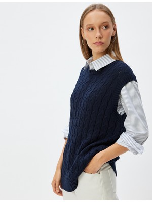 Koton Oversize Süveter Saç Örgü Dokulu Bisiklet Yaka Kolsuz