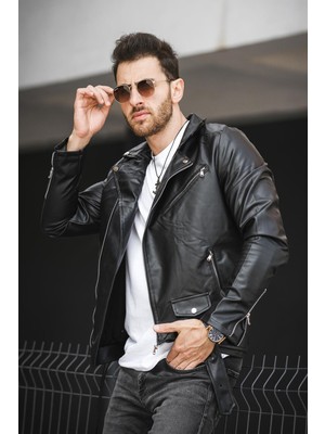 Castries Yandan Fermuarlı Kemerli Slim Fit Erkek Deri Ceket