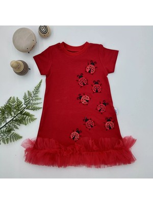 Kodex Uğur Böceği Nakışlı Fırfır Uçlu Kız Çocuk Jile Elbisesi Kırmızı