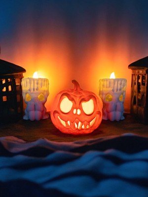 Cadılar Bayramı 3'lü Set - 1 Bal Kabağı ve 2 Mumluk, Halloween Dekor, Tealight Mumluk