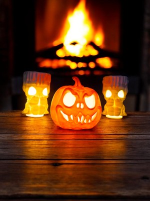 Cadılar Bayramı 3'lü Set - 1 Bal Kabağı ve 2 Mumluk, Halloween Dekor, Tealight Mumluk