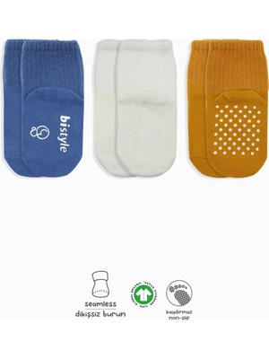 Bistyle Basic Kaymaz Penye Soket Çorap 3'lü BS10106 Indigo Ekru Hardal