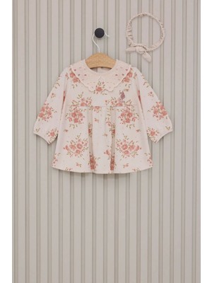 U.S. Polo Assn. Kız Bebek Elbise USB2128 Açık Bej Çiçek Desenli Şık Stil ile Özel Olaylar İçin