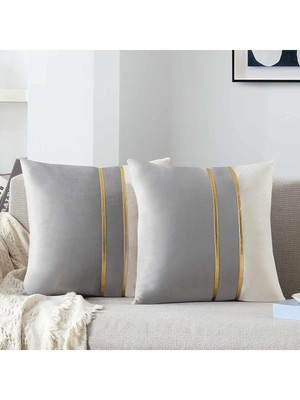 Woodhub 2 Adet Altın Deri Şeritli Kadife Görünümlü Dekoratif Kırlent Kılıfı