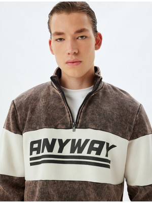Koton Slogan Baskılı Sweatshirt Fermuarlı Yaka Renk Bloklu Pamuk Karışımlı