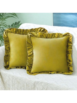 Woodhub 2'li Fıstık Yeşili Country Fırfırlı Kare Kırlent Kılıfı