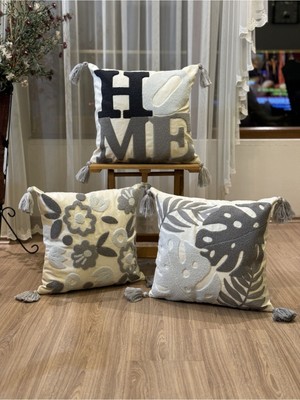 Woodhub 3'lü Punch İşlemeli Nakışlı Dekoratif Kırlent Kılıfı