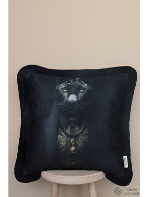 Woodhub Siyah Leopar Desenli Dijital Baskılı 43x43 cm Kare Kırlent Kılıfı