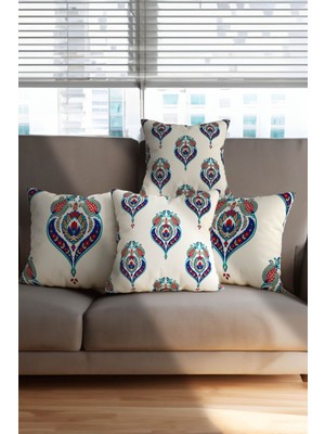 Woodhub Krem Zemin Mavi Renk Çini Desen Dijital Baskılı  Koltuk 4'lü Kırlent Yastık Kılıfı