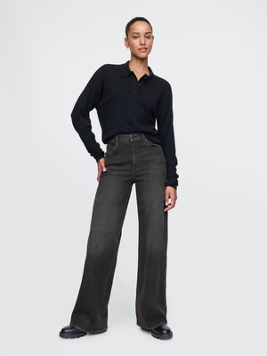 Kadın Siyah High Rise Stride Wide-Leg Jean Pantolon