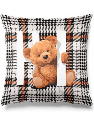 Woodhub Tekli Ekose Teddy Bear Desenli Çift Tarafı Baskılı Süet Kırlent Kılıfı