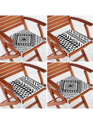 Woodhub 4'lü Siyah Beyaz Etnik Dijital Baskılı Fermuarlı Sandalye Minderi Seti