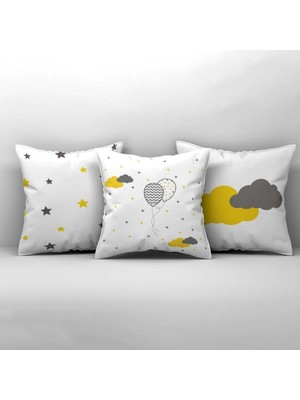 Woodhub Çocuk Bebek Odası Kırlent Kılıfı Sarı Gri Yıldızlı Balon ve Bulut