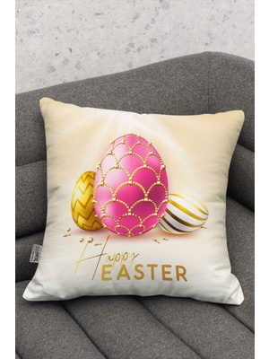 Woodhub Paskalya Temalı Happy Easter Pembe Altın Yumurta Desenli Dijital Baskılı Kırlent Yastık Kılıfı