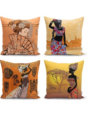 Woodhub Etnik Afrika Women Desenli 4'lü Kırlent Kılıf Seti
