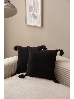 Woodhub Home Design Ikili Dekoratif Püsküllü Kırlent Kılıfı Siyah 43x43 cm