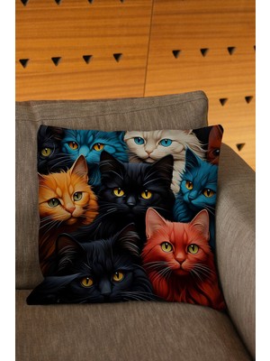 Woodhub Kedi Figürlü Dijital Baskılı Kırlent Kılıfı
