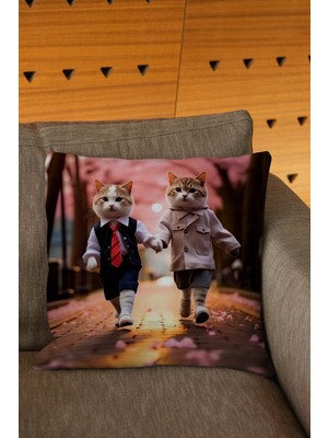 Woodhub Kedi Figürlü Dijital Baskılı Kırlent Kılıfı
