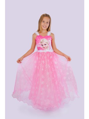 Pembe Uzun Elsa Kasnaklı Kız Çocuk Parti Elbisesi