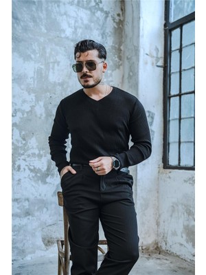 Erkek V Yaka Slim Fit Kazak Siyah