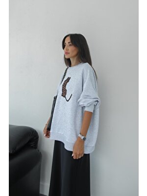 Gri Leopar Nakışlı Sweatshirt