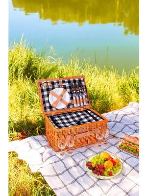 Perotti Picno Italy 4 Kişilik Hasır,Siyah Ekose Astarlı Cooler,Aksesuar Sepeti İle Taşınabilir Piknik Sepeti