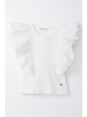 Breeze Kız Çocuk Tişört Güpürlü Çiçek & Yaprak Nakışlı 6-12 Yaş, Ekru