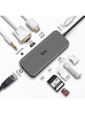 Bix BX11HB 10in1 Type-C Hub 4K@30Hz HDMI - VGA, Aux, PD Şarj, 1Gbps RJ45, 3x USB 3.0, Micro SD / SD Kart Okuyucu Dönüştürücü HUB