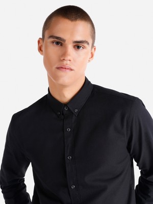 Slim Fit Shirt Neck Erkek Siyah Uzun Kol Gömlek Cl1048576