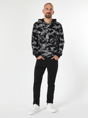 Regular Fit Baskılı Kapüşonlu Siyah Erkek Sweatshirt Cl1061533