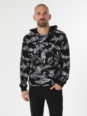 Regular Fit Baskılı Kapüşonlu Siyah Erkek Sweatshirt Cl1061533