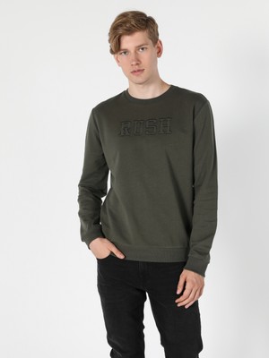 Regular Fit Kabartma Yazılı Haki Erkek Sweatshirt Cl1055797