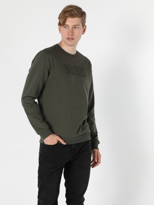 Regular Fit Kabartma Yazılı Haki Erkek Sweatshirt Cl1055797