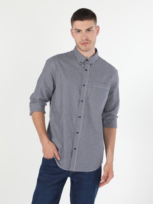 Regular Fit Shirt Neck Erkek Lacivert Uzun Kol Gömlek Cl1044227