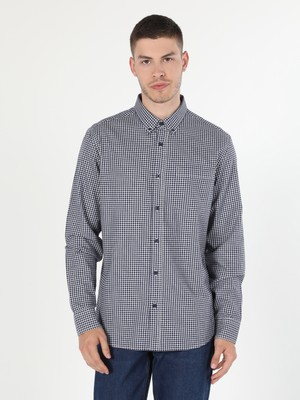 Regular Fit Shirt Neck Erkek Lacivert Uzun Kol Gömlek Cl1044227