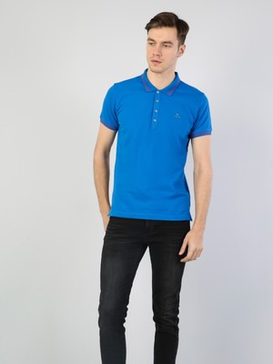 Slim Fit Polo Yaka  Erkek Mavi Kısa Kol Tişört Cl1040747