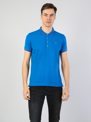 Slim Fit Polo Yaka  Erkek Mavi Kısa Kol Tişört Cl1040747