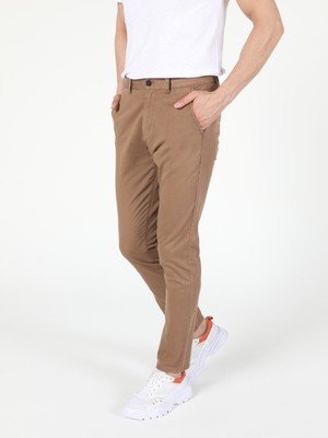 Slim Fit Orta Bel Düz Paça Erkek Kahverengi Pantolon