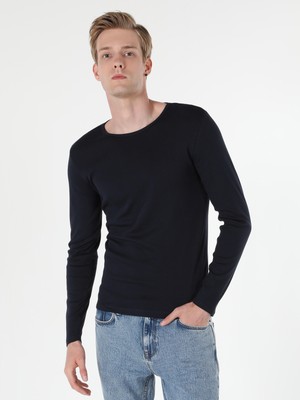 Slim Fit Bisiklet Yaka Erkek Lacivert Uzun Kol Tişört Cl1051052