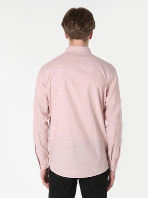 Regular Fit Shirt Neck Düz Erkek Pembe Roll-up Gömlek